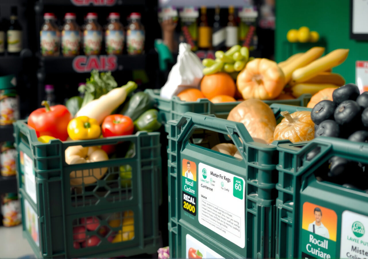 Reusable green crates for fruits and vegetables in supermarkets.