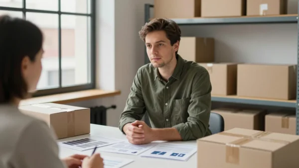 Asesor de packaging escuchando a un cliente en una mesa con muestras de cajas de cartón personalizadas