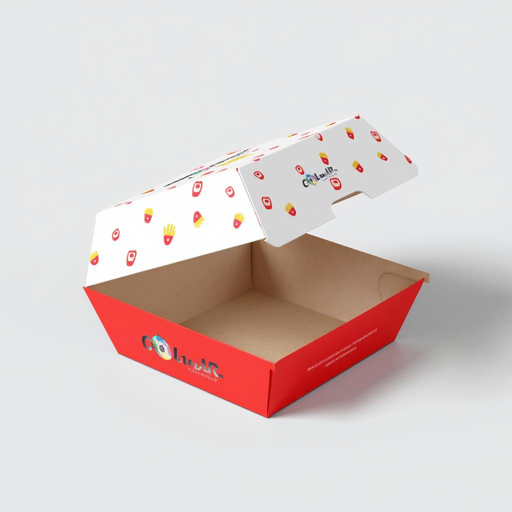 Caja de cartón abierta para comida rápida con tapa blanca decorada con dibujos de patatas fritas y base roja, fotografiada sobre fondo blanco