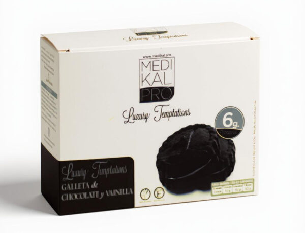 Caja de galletas de chocolate y vainilla de aspecto saludable con diseño minimalista en tonos blanco y negro, y detalles en dorado sobre fondo blanco