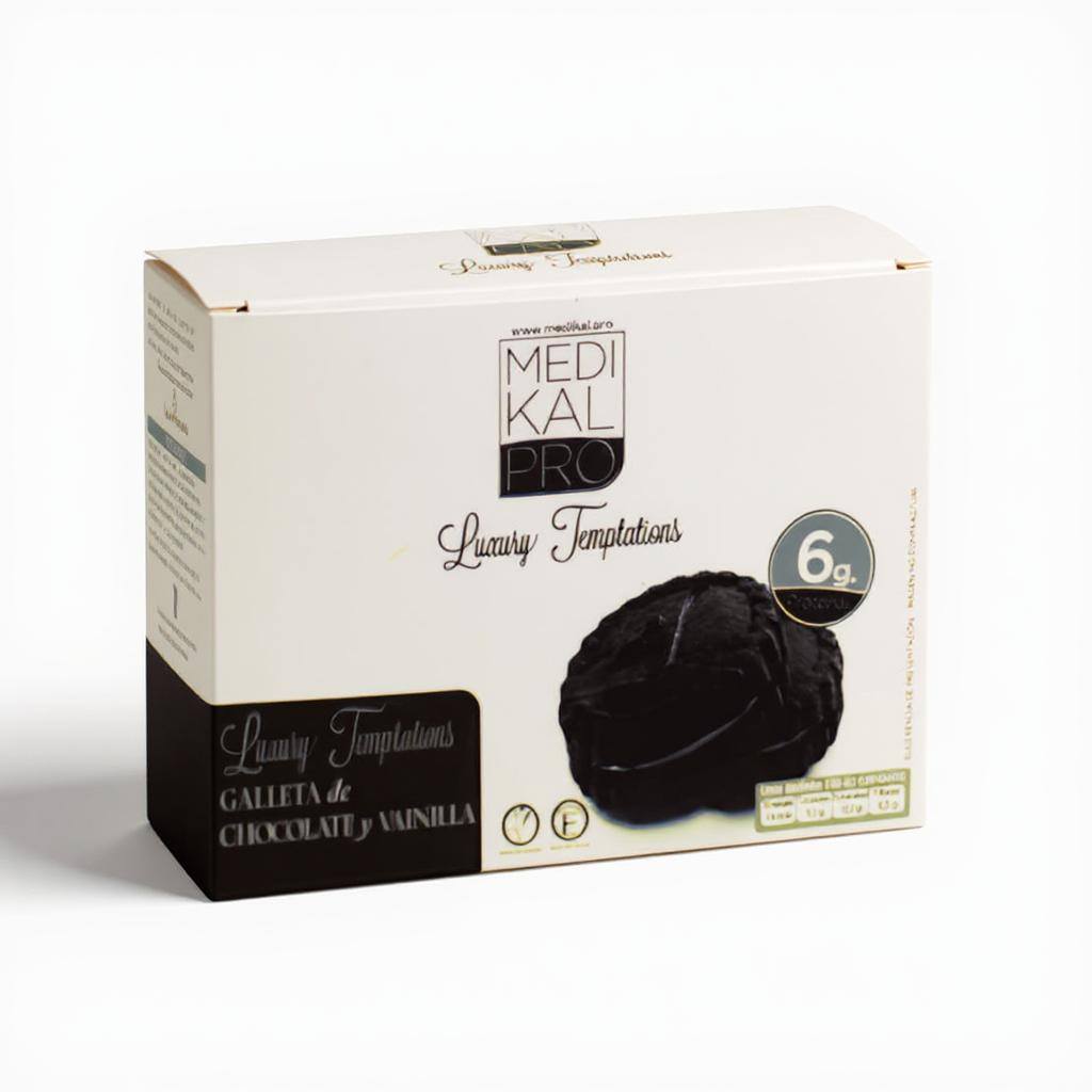 Caja de galletas de chocolate y vainilla de aspecto saludable con diseño minimalista en tonos blanco y negro, y detalles en dorado sobre fondo blanco