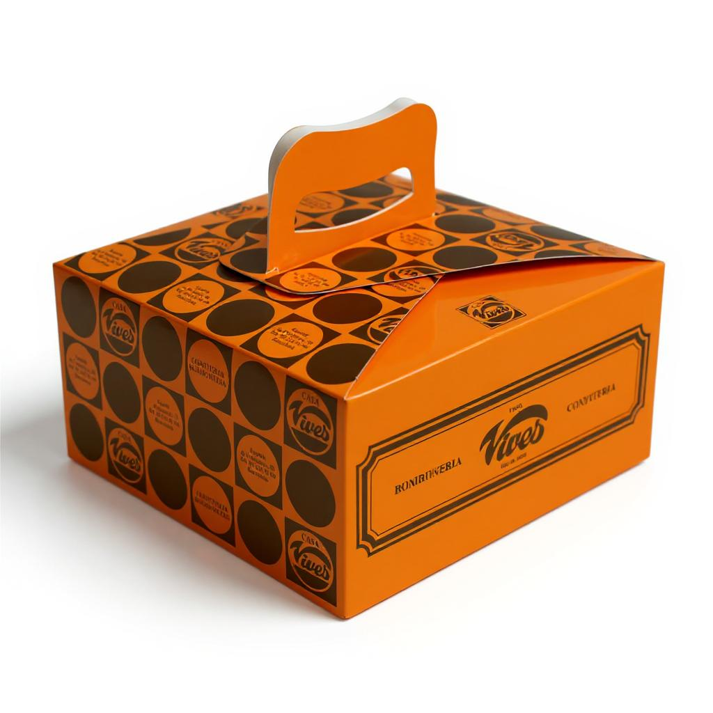 Caja de cartón naranja con asa superior, diseño gráfico retro y logotipos repetidos de una pastelería tradicional, fotografiada con iluminación profesional sobre fondo blanco