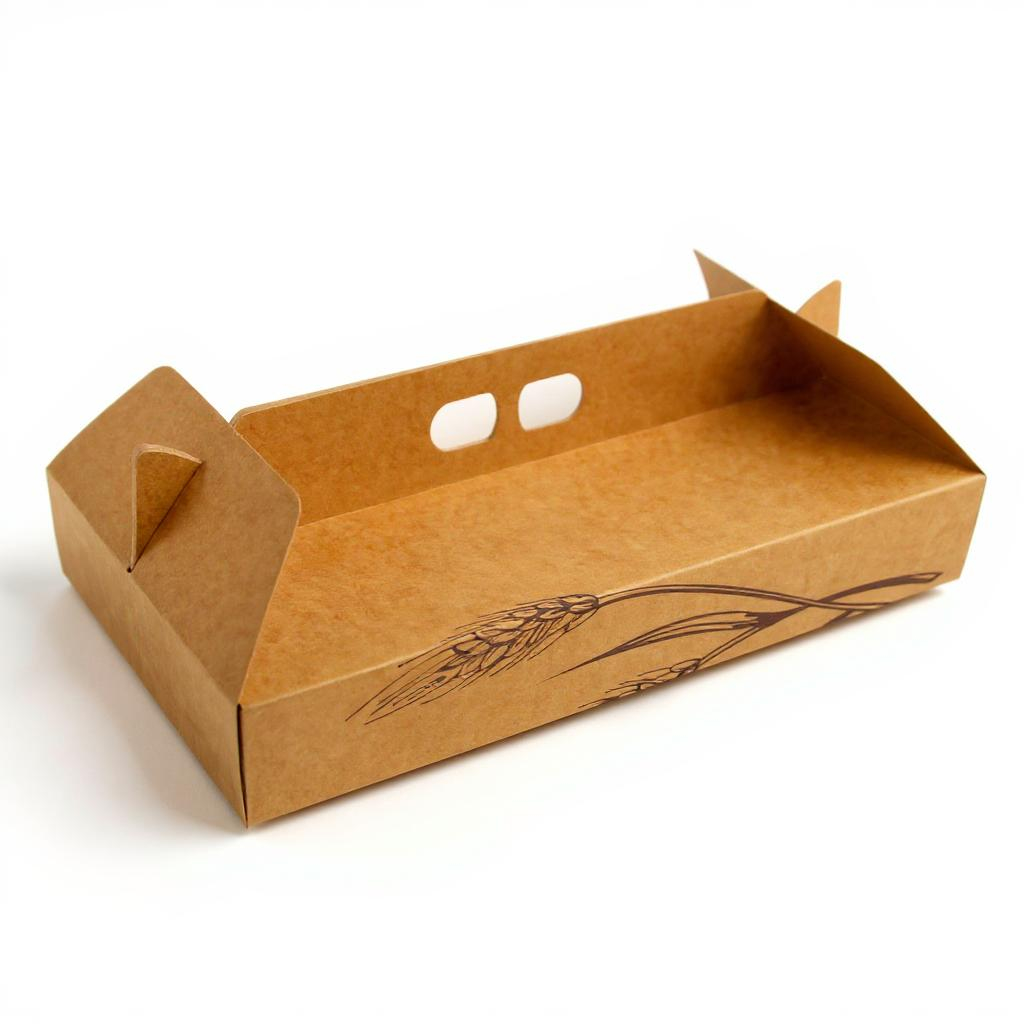 Caja de cartón kraft abierta para productos de panadería, con asas troqueladas y dibujo de espiga de trigo, sobre fondo blanco