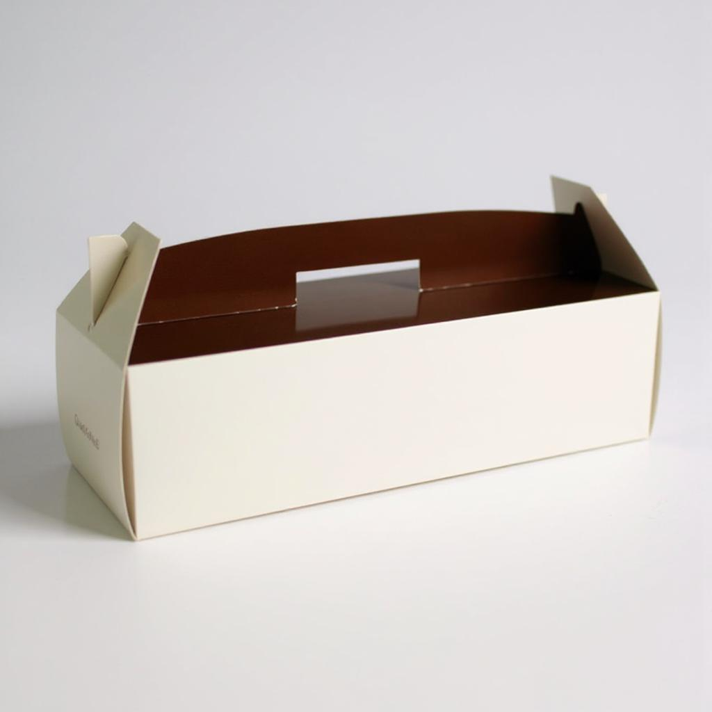 Caja alargada de cartón blanca con interior marrón y cierre superior troquelado, ideal para pastelería o repostería, fotografiada sobre fondo blanco