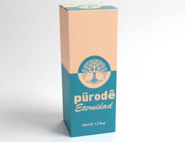 Caja rectangular vertical de cartón para perfume o cosmético, con diseño en tonos crema y azul, logotipo de árbol y texto 'pürodê Eternidad', sobre fondo blanco