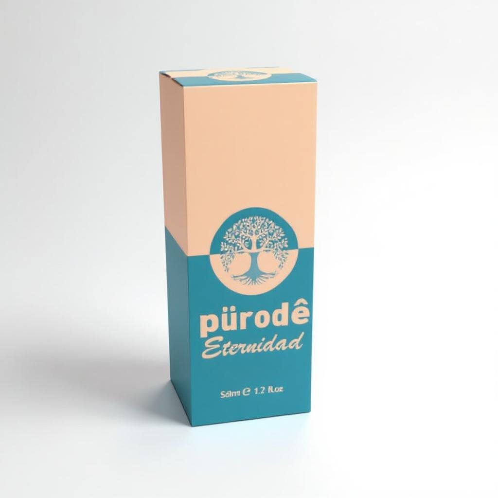 Caja rectangular vertical de cartón para perfume o cosmético, con diseño en tonos crema y azul, logotipo de árbol y texto 'pürodê Eternidad', sobre fondo blanco