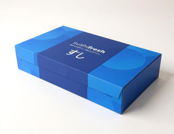 Caja rectangular de cartón azul para sushi con diseño moderno y logotipo Sushifresh, fotografiada sobre fondo blanco con iluminación suave