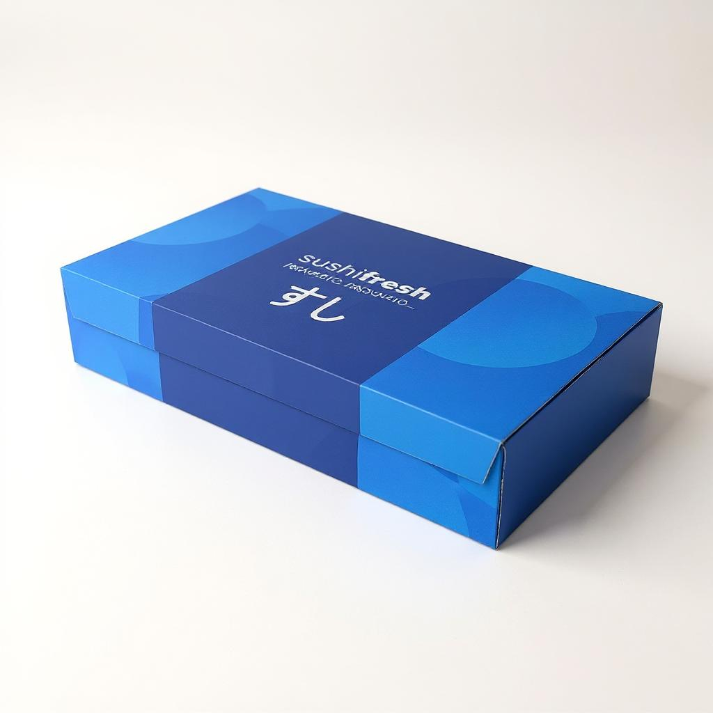 Caja rectangular de cartón azul para sushi con diseño moderno y logotipo Sushifresh, fotografiada sobre fondo blanco con iluminación suave