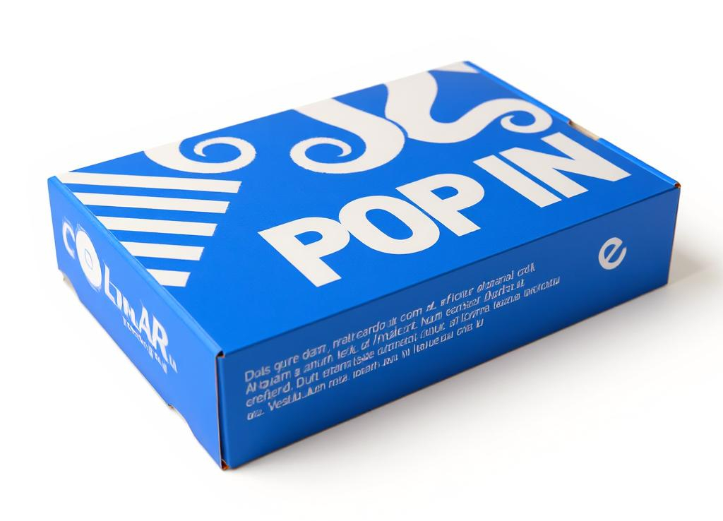 Caja rectangular de cartón azul con diseño gráfico moderno en blanco, fotografiada sobre fondo blanco con iluminación de estudio