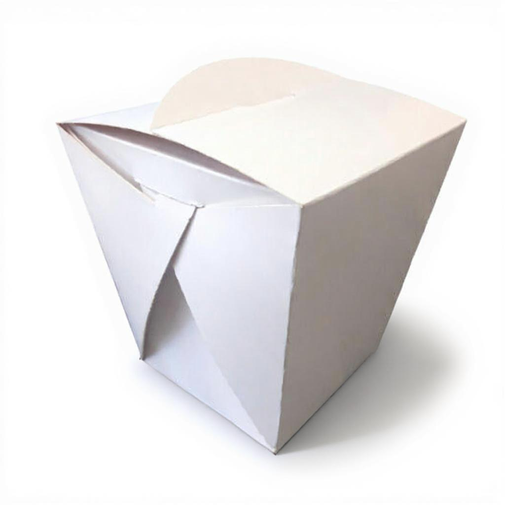 Caja blanca de cartón estilo asiático para comida para llevar, fotografiada en alta resolución con sombra de contacto realista sobre fondo blanco