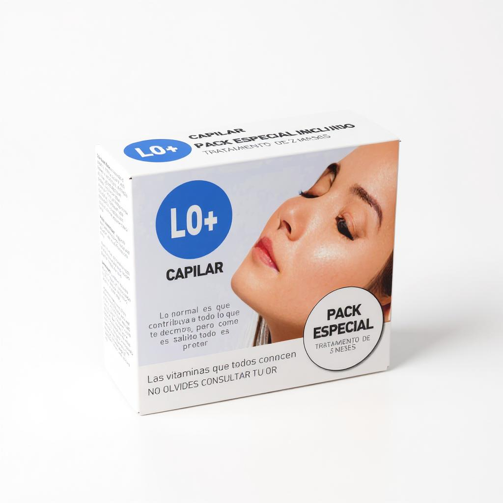 Caja de tratamiento capilar con vitaminas, diseño blanco con azul y fotografía de mujer con piel luminosa