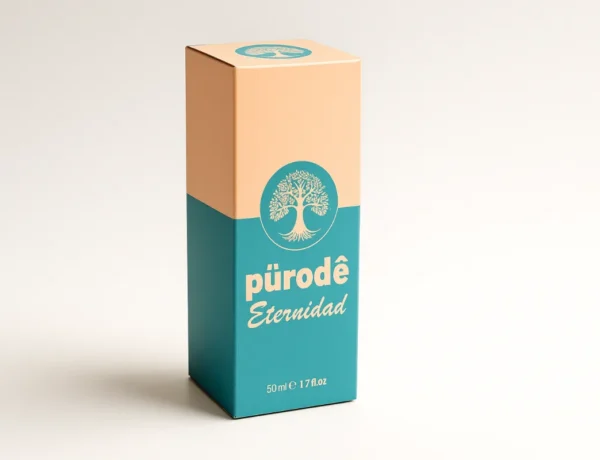 Caja rectangular vertical de cartón para perfume o cosmético, con diseño en tonos crema y azul, logotipo de árbol y texto 'pürodê Eternidad', sobre fondo blanco