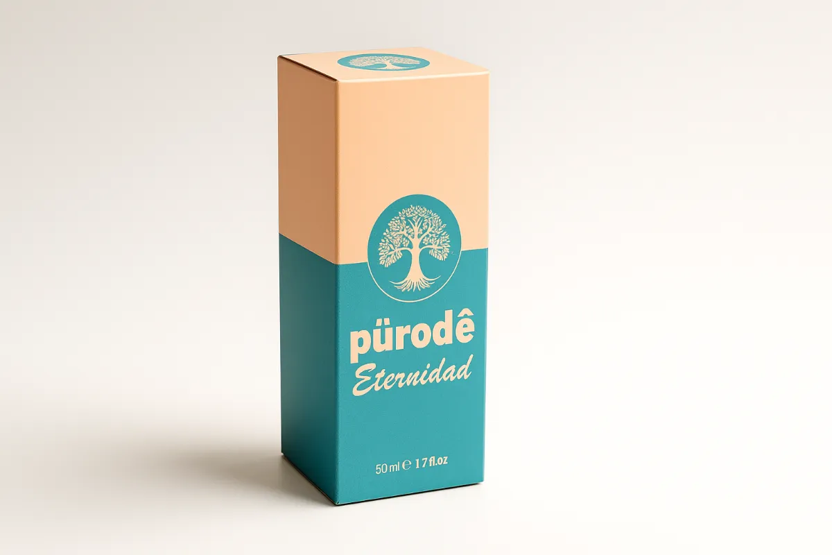 Caja rectangular vertical de cartón para perfume o cosmético, con diseño en tonos crema y azul, logotipo de árbol y texto 'pürodê Eternidad', sobre fondo blanco