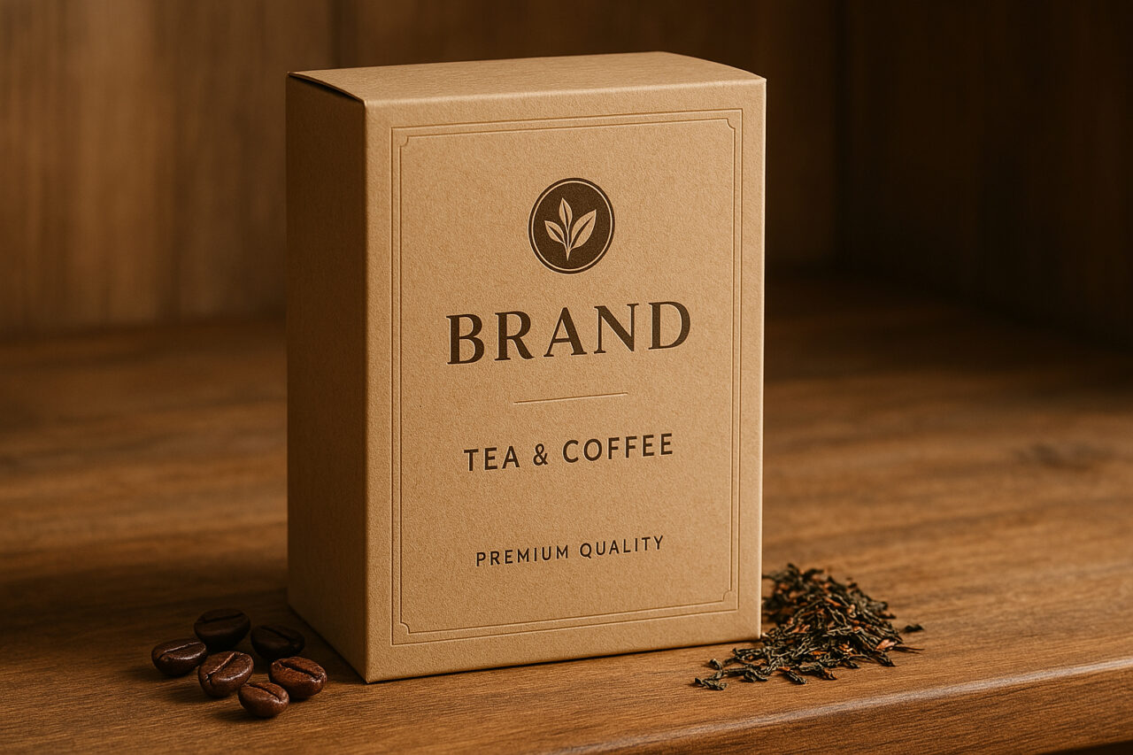 Exposición de cajas para café e infusiones en entorno profesional