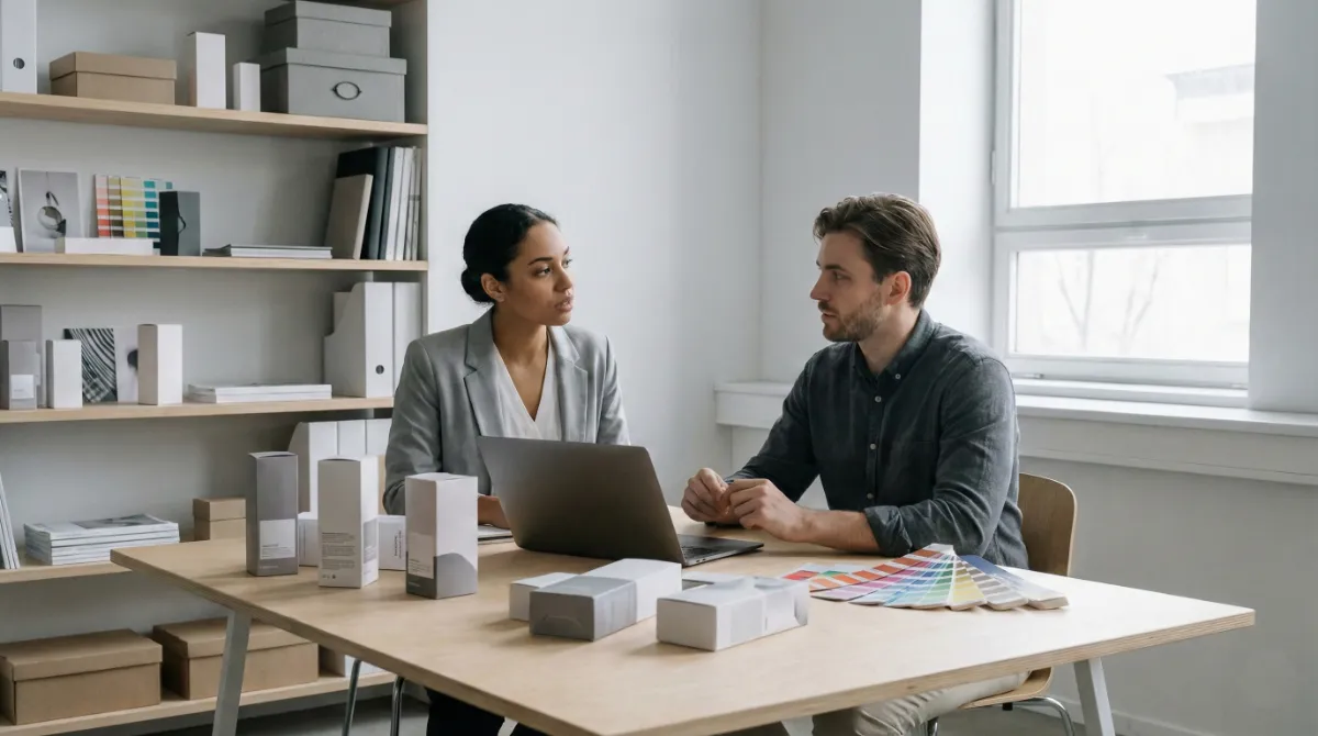 Graphic arts consultant advising a client on packaging and print solutions