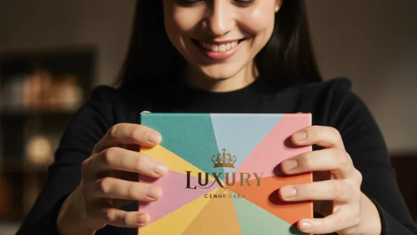 Mujer recibiendo una caja personalizada de su ecommerce