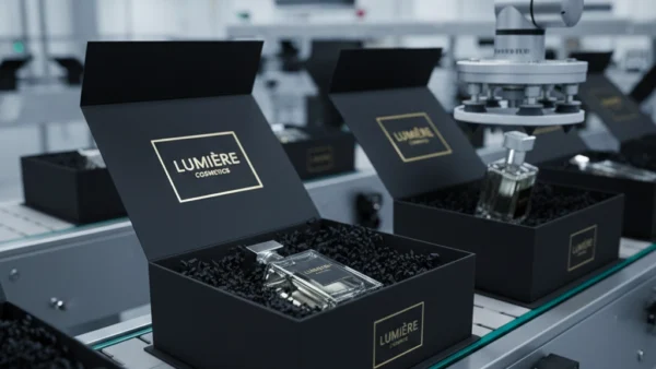 Cajas de cartón personalizadas de lujo en línea de envasado automático.