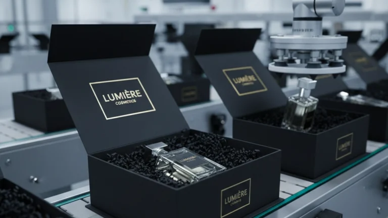 Cajas de cartón personalizadas de lujo en línea de envasado automático.