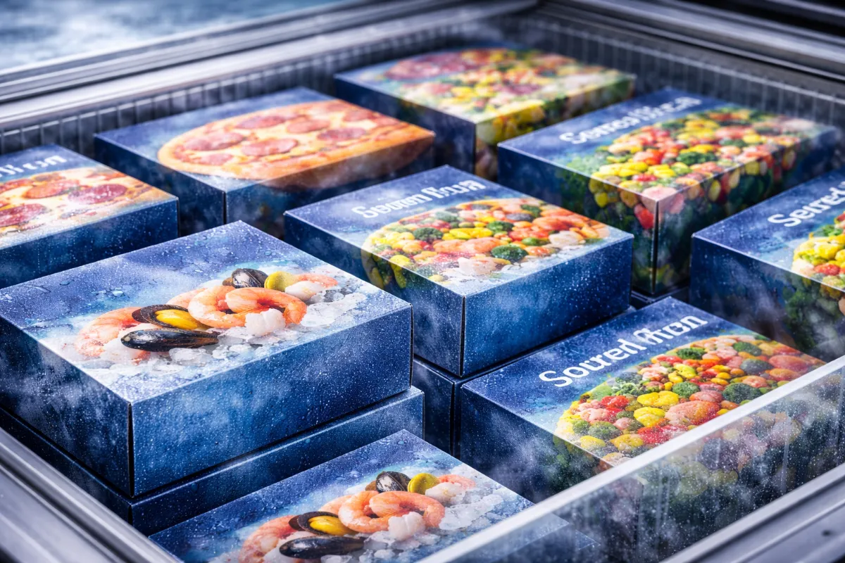 Emballages en carton personnalisés et résistants pour produits surgelés en milieu industriel.