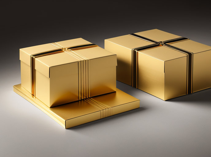 Caja personalizada con logo dorado en una boutique de moda